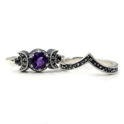 Hecate Triple Moon Ring Set Silver and Black Diamond Engagement Rings Amethyst or Red Crystal Wedding Ring Unique Moon Goddess Rings for Women Fashion Jewelry Boho & Hippie & Gothic Anniversary Gift