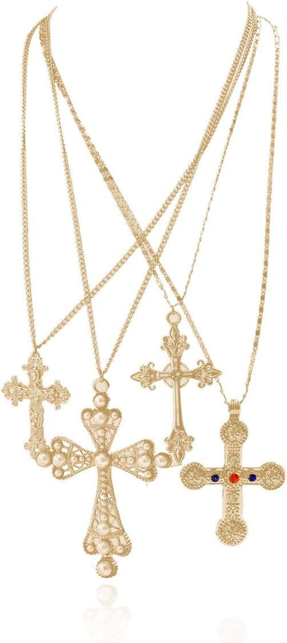 Cross Pendant Necklace Set for Women Punk Grunge Imitation Pearl Cross Layered Chain Necklace Statement Y2K Jewelry - WORLD TIME VISITS