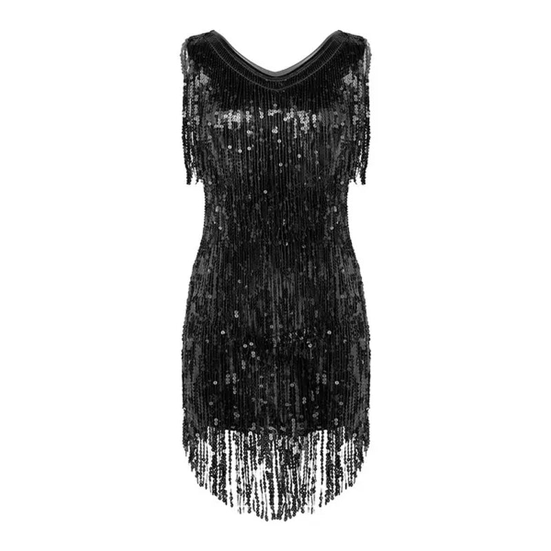 Women's Gowns V Neck Sparkling Sequin Tassels Rhythm Ballroom Salsa Samba Rumba Tango Latin Dance Dress