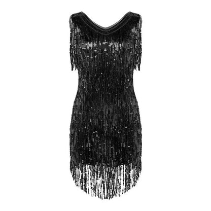 Women's Gowns V Neck Sparkling Sequin Tassels Rhythm Ballroom Salsa Samba Rumba Tango Latin Dance Dress