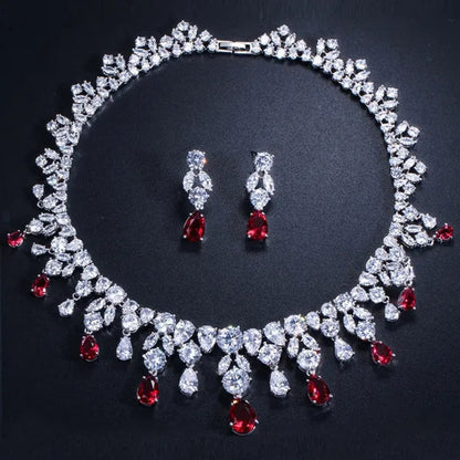 CANDICE Gorgeous Multi Cut CZ Stone Water Drop Tassel Necklace Earrings Set High Quality White Gold Plated Costume Jewelry Sets for Wedding Prom