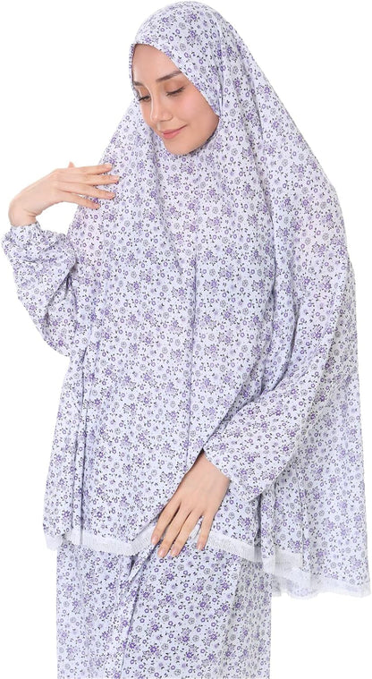 Islamic Dress for Women Prayer Clothes for Muslim Women 2 Piece Set Maxi Skirt with Hijab and Rosary Printed Dress