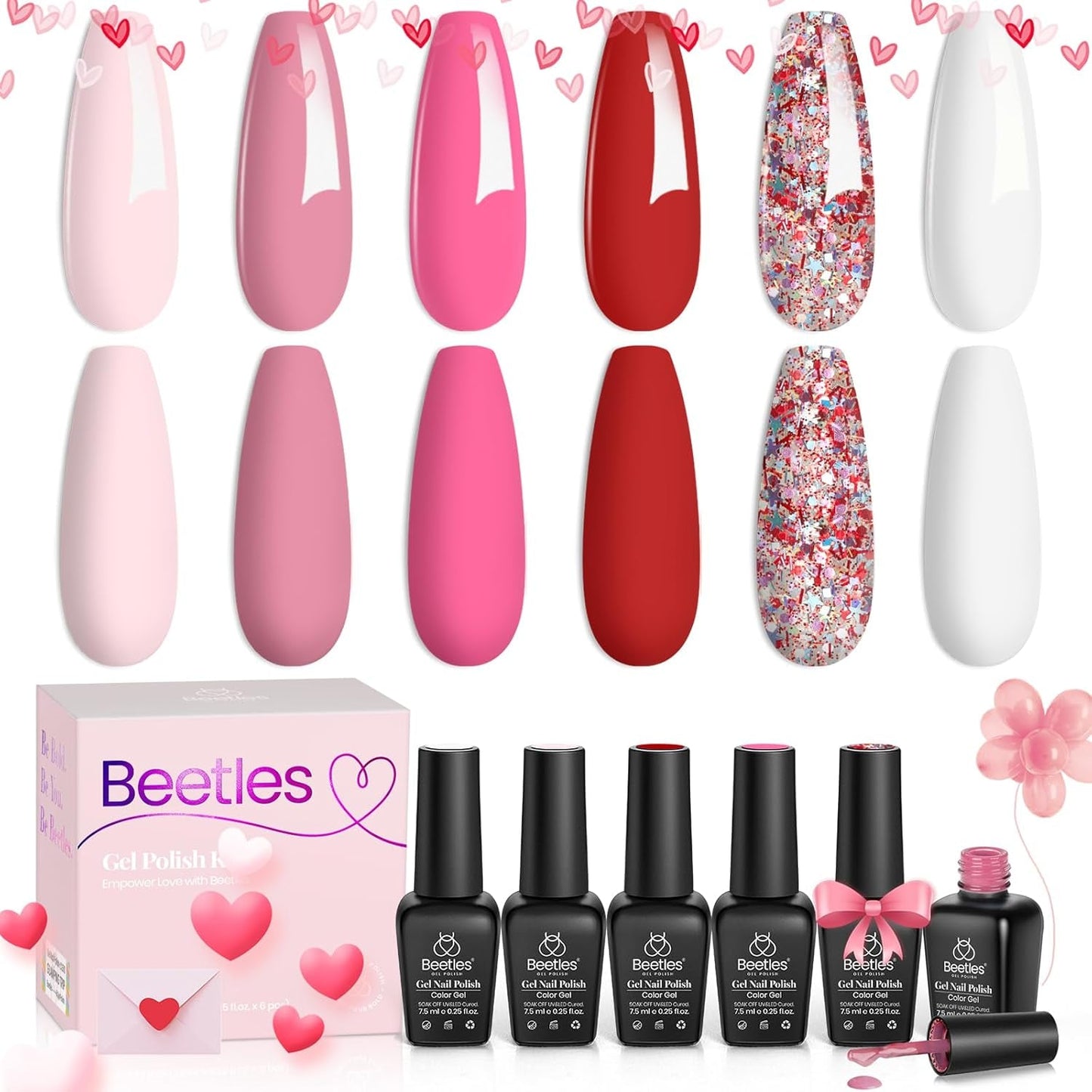 Beetles Pink Gel Nail Polish Set -6 Colors Pink Gel Polish Nail Kit Red Nude Pink White Glitter Color Gel Fall in Love Collection Soak off Uv LED Nail Lamp Gift for Women & Girls