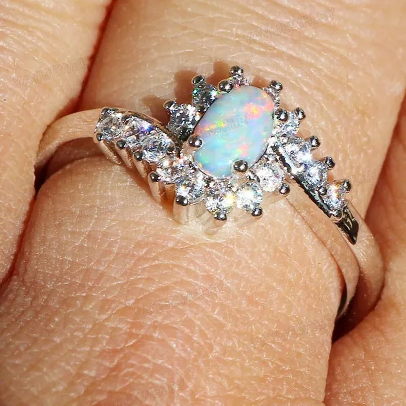 Exquisite Women'S Silver Ring Oval Cut Fire Opal Diamond Jewelry Birthday Proposal Gift Bridal Engagement Party Band Rings Size 5-12