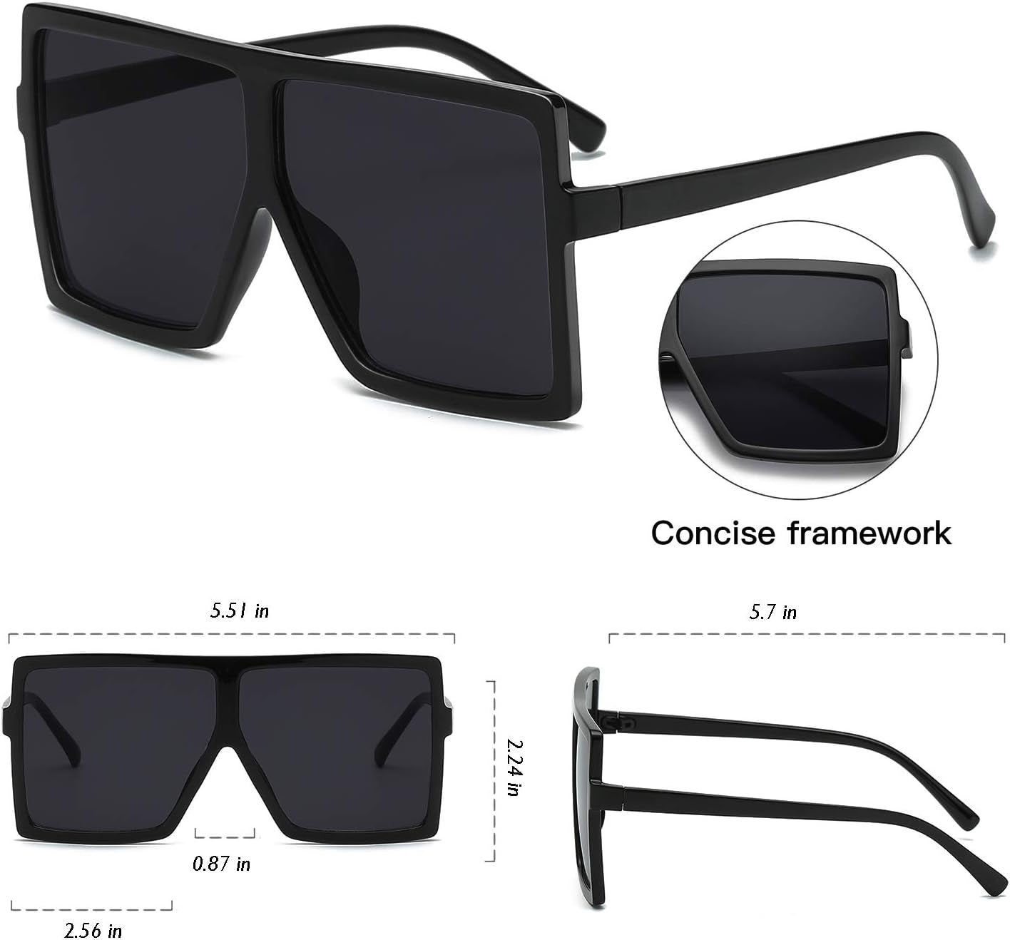 Square Oversized Sunglasses for Women Men Flat Top Fashion Shades
