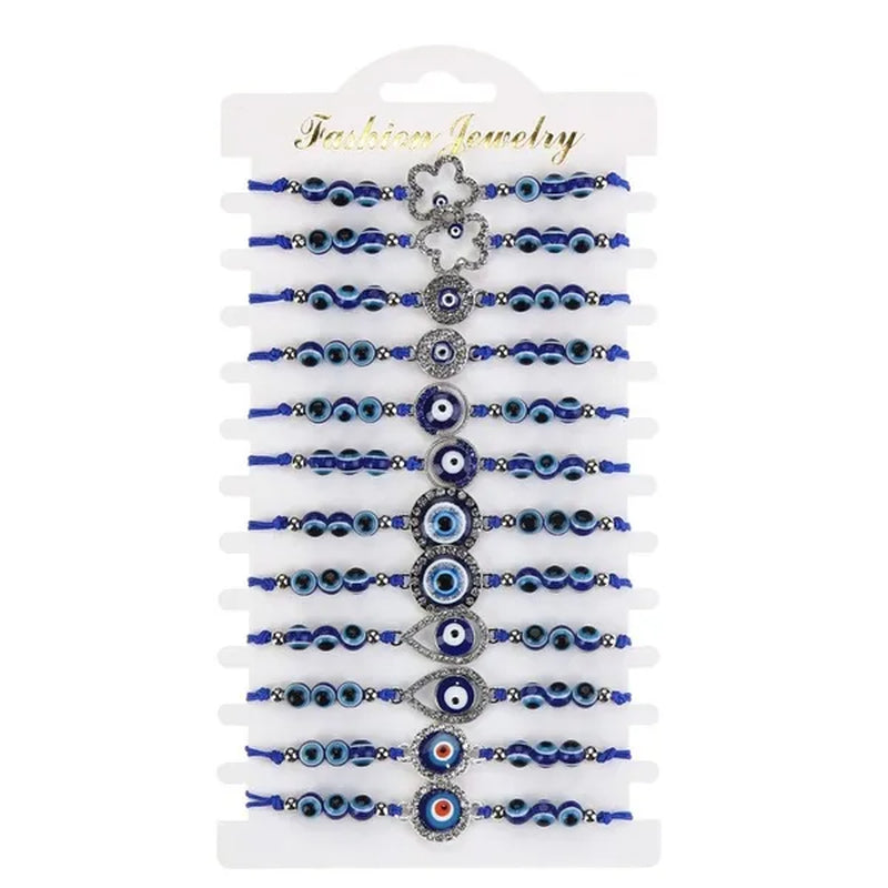 12 Pcs/Set Bohemian Handmade Braided Rope Charm Bracelets Rhinestone Blue Round Beads Evil Eye Bracelet  for Women Men Friendship Jewelry Gifts