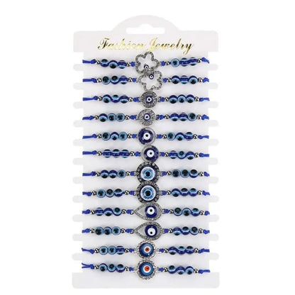 12 Pcs/Set Bohemian Handmade Braided Rope Charm Bracelets Rhinestone Blue Round Beads Evil Eye Bracelet  for Women Men Friendship Jewelry Gifts