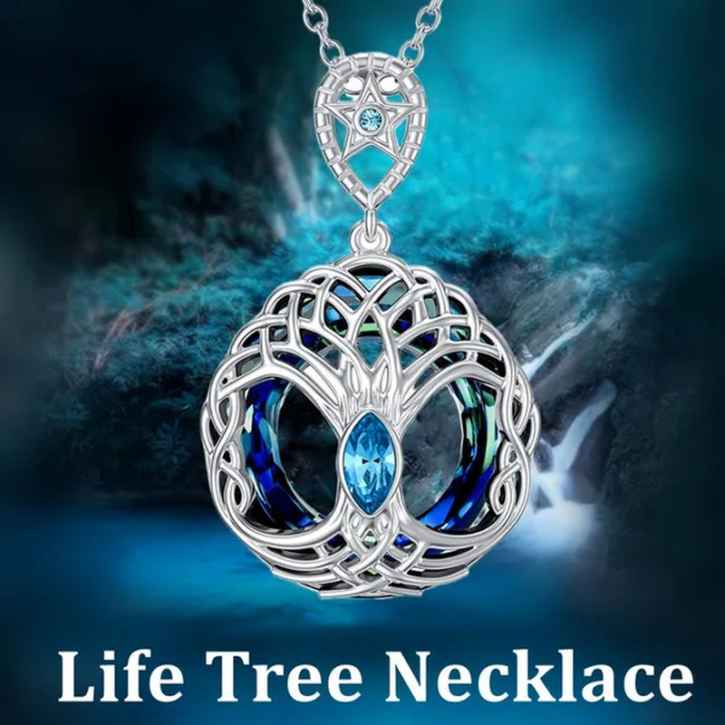 European and American Fashion Women Celtic Life Tree Crystal Pendant Necklace 925 Sterling Silver Star round Sapphire Necklace Anniversary Party Birthday Gifts for Daughte
