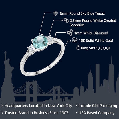 10K White Gold 6MM round Gemstone Birthstone White Created Sapphire & White Diamond Accent 3-Stone Engagement Ring | Three-Stone Wedding Anniversary Promise Ring for Women - WORLD TIME VISITS