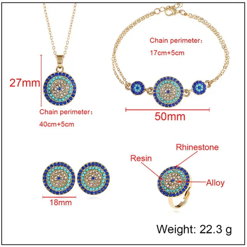 4 Pieces Set Round Turkish Blue Evil Eye Necklace Earring Bracelet Ring Fashion Rhinestone Eye Necklace Bracelet Ring Earrings Set for Women Jewelry