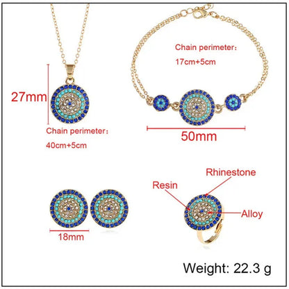 4 Pieces Set Round Turkish Blue Evil Eye Necklace Earring Bracelet Ring Fashion Rhinestone Eye Necklace Bracelet Ring Earrings Set for Women Jewelry