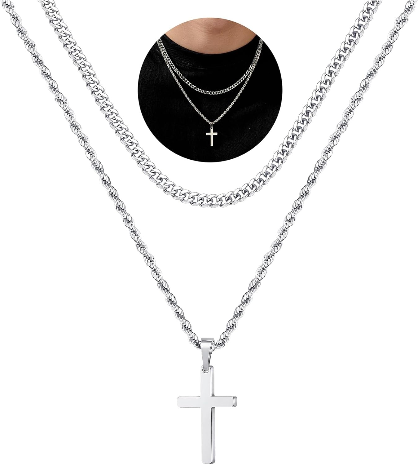 Valentines Gifts for Him Teen Boys - Cross Necklace for Men, Gold Black Silver Mens Cross Necklaces Stainless Steel Cross Pendant Necklace Simple Jewelry Gifts Cross Chain Necklaces for Men