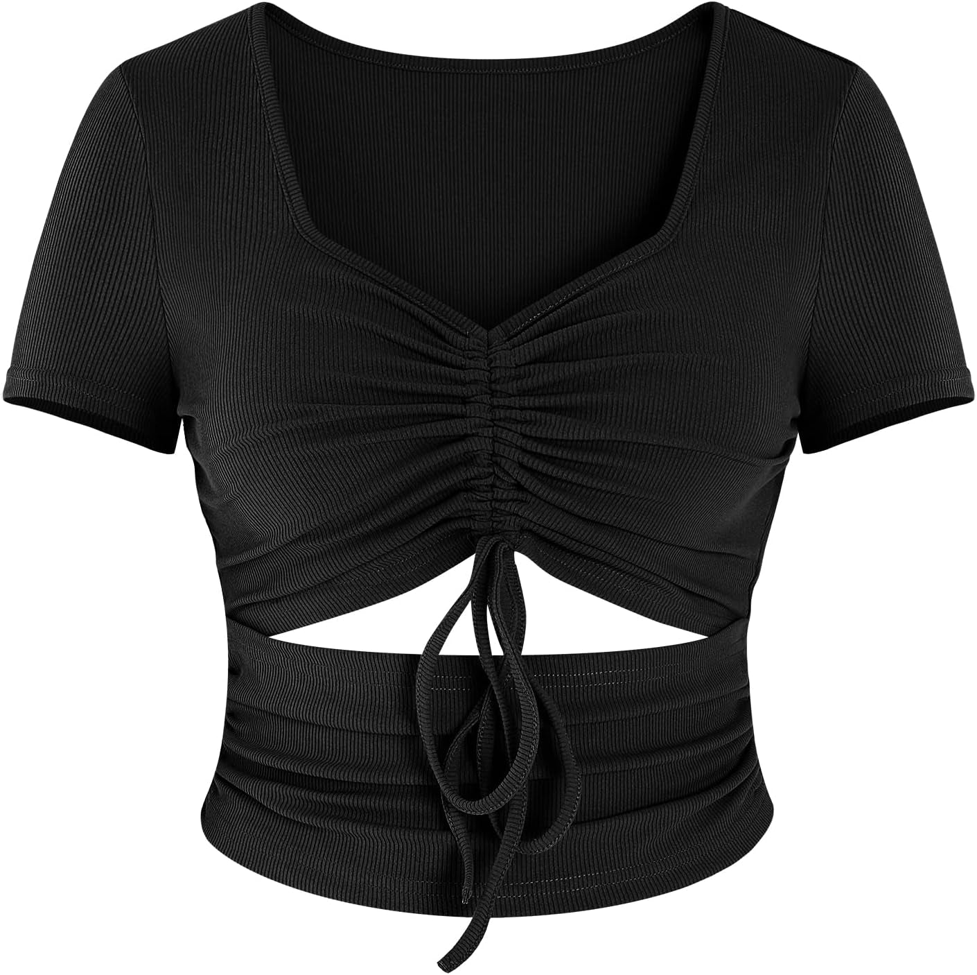 Women'S Summer Sexy Crop Top Ruched Y2K V Neck Slim Short Sleeve Casual Basic Knit T Shirt Workout Tops Black