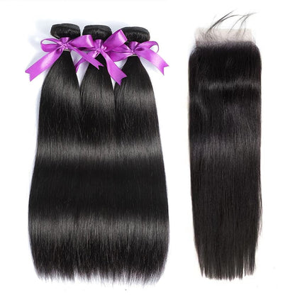 Straight Bundles with Closure Human Hair 10 12 14+10 Brazilian Human Hair Bundles with Closure Straight 100% Unprocessed Virgin Weave Hair Bundles with Closure 10A Bundles Human Hair with Lace Closure