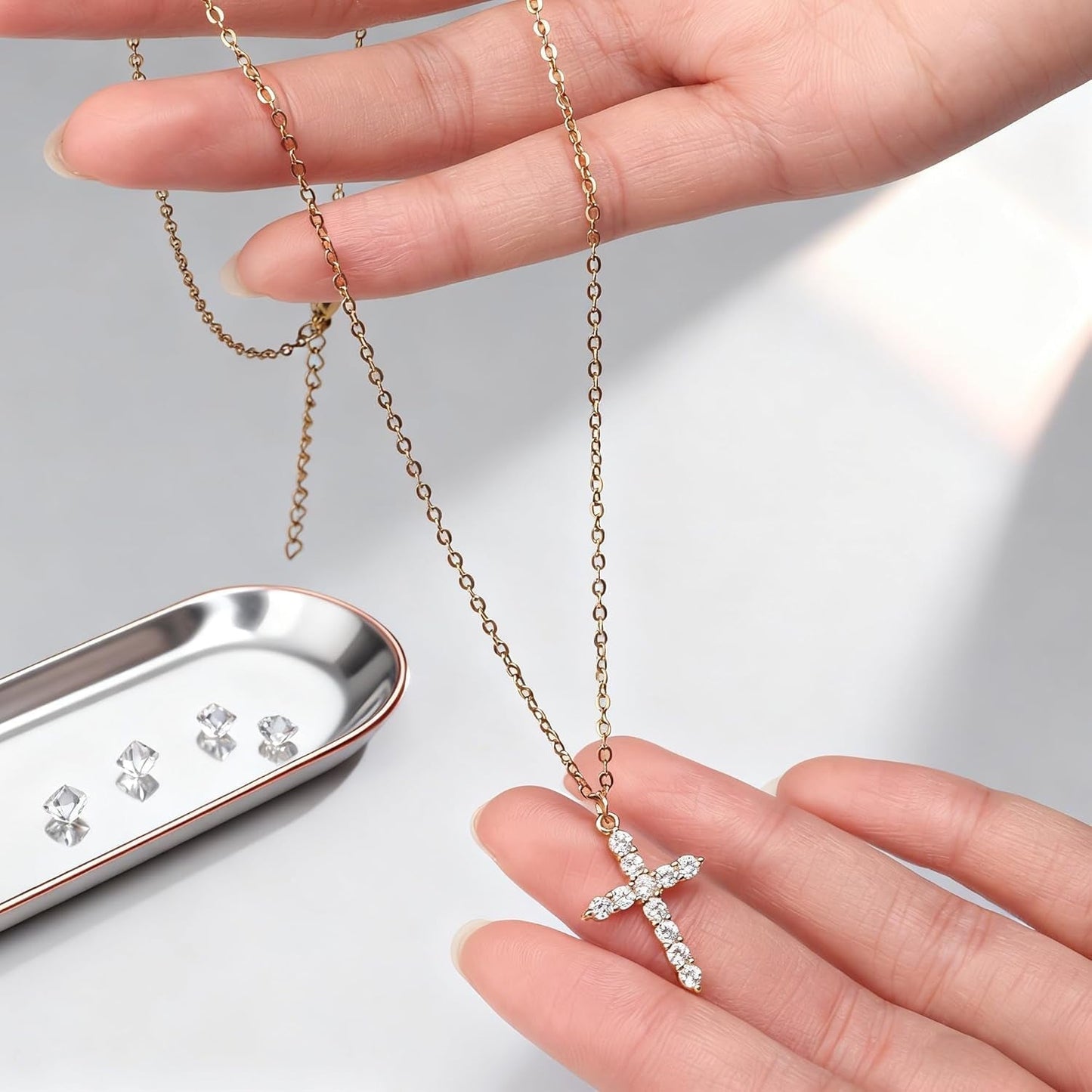 Crown Cross Necklace for Women, 14K Gold Silver Cubic Zirconia Crown Cross Necklace, Diamond Gold Silver Cross Necklaces, Dainty Cross Faith Simple Trendy Charm Jewelry Gift for Women