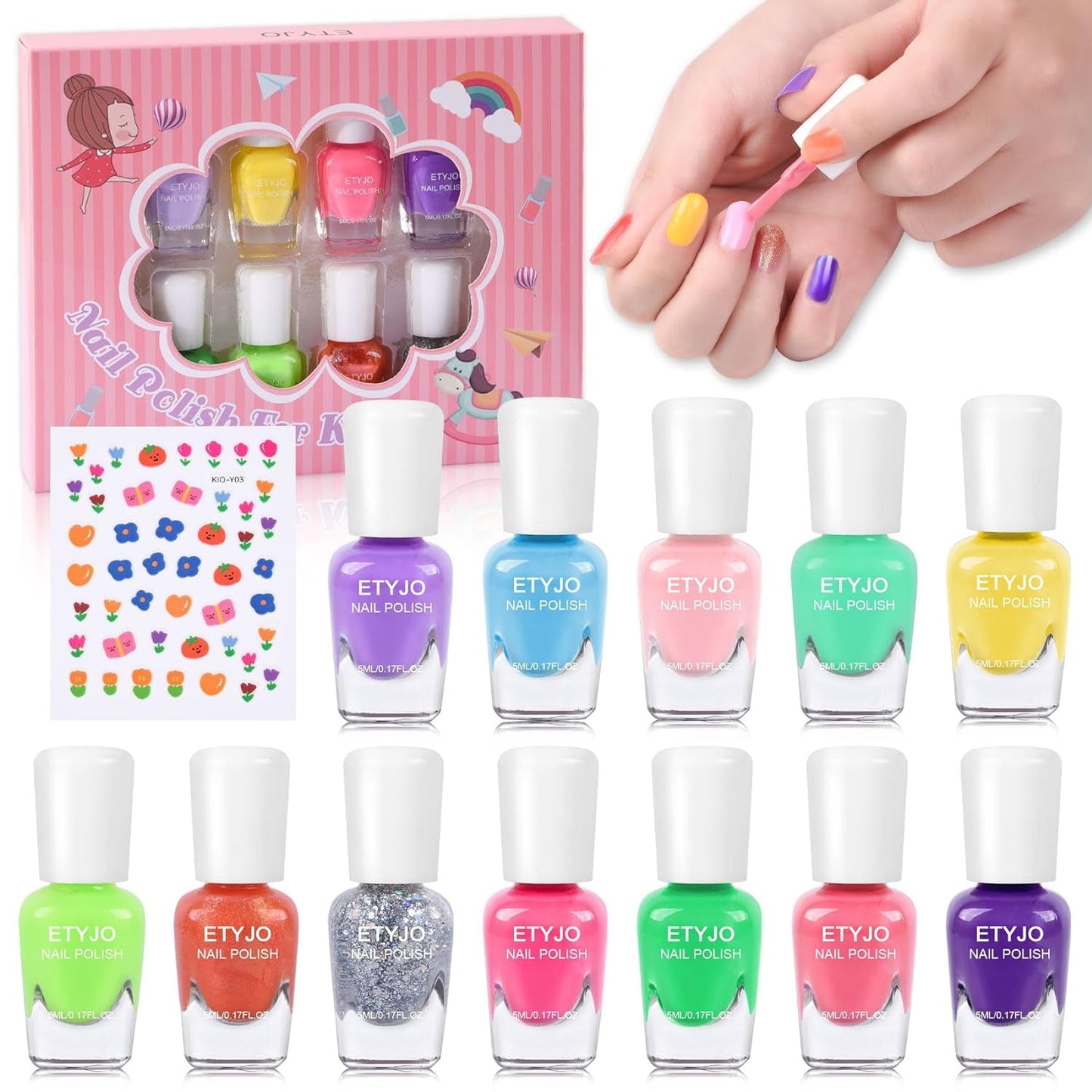 Kids Nail Polish Set - Nail Polish for Girls Ages 3-12 | 12 Rainbow Colors | Non-Toxic, Water-Based, Low Odor | Peel-Off, Quick Dry | Children Nail Polish Kit for Teens, Children, and Toddlers - WORLD TIME VISITS