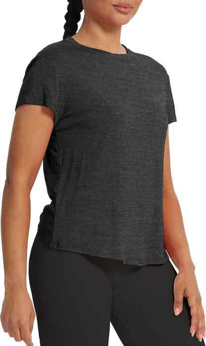 Backless Workout Athletic Shirts Short Sleeve Split Back Yoga Exercise Tops for Women