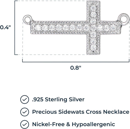 .925 Sterling Silver Rhodium Plated Cubic Zirconia Sideways Cross Sterling Silver Necklace for Women - Faith Dainty Jewelry Choker Cross Necklace for Women, Adjustable Chain 16 Inch