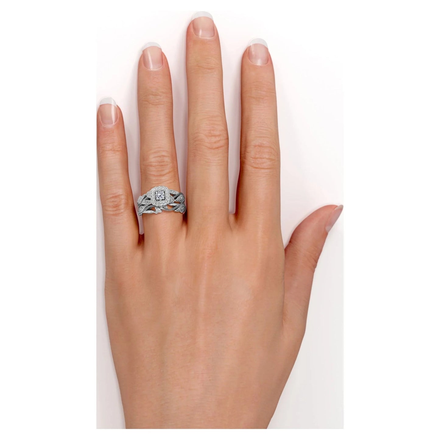 Antique - round Diamond - Edwardian Diamond Filigree Ring - Art Deco Style - Wedding Ring Set in 10K White Gold