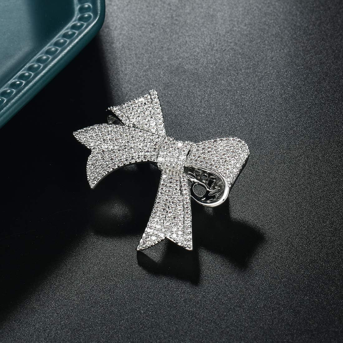 Real Gold Plated Cubic Zirconia CZ Ribbon Bridal Bowknot Bow Brooch Pins for Women