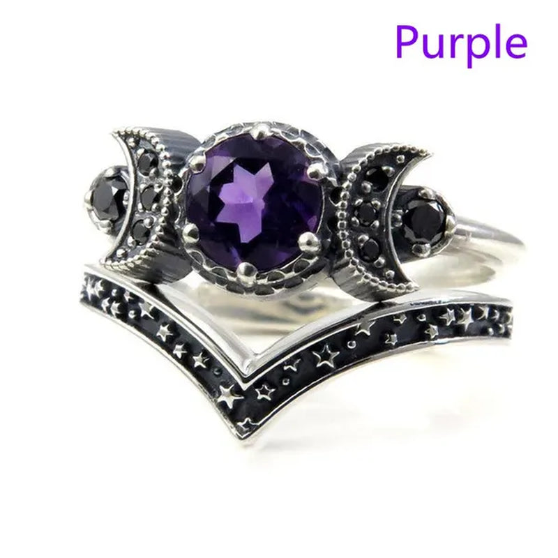 Hecate Triple Moon Ring Set Silver and Black Diamond Engagement Rings Amethyst or Red Crystal Wedding Ring Unique Moon Goddess Rings for Women Fashion Jewelry Boho & Hippie & Gothic Anniversary Gift