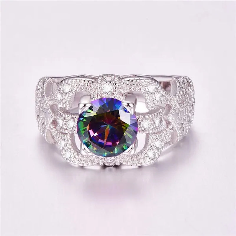 Round Cut Rainbow & Pink White Topaz Gemstone 100% 925 Sterling Silver Ring Size 6 7 8 9