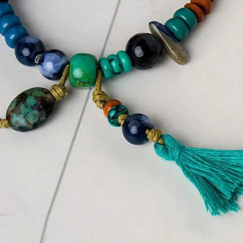 Ethnic Bohemian Tassel Handmade Beaded Bracelet Vintage Natural Gemstone Lapis & Turquoise & Obsidian & Wooden Bead Bangle Bracelets for Women and Men Couple Exquisite Wedding Engagement Christmas Jewelry Gift