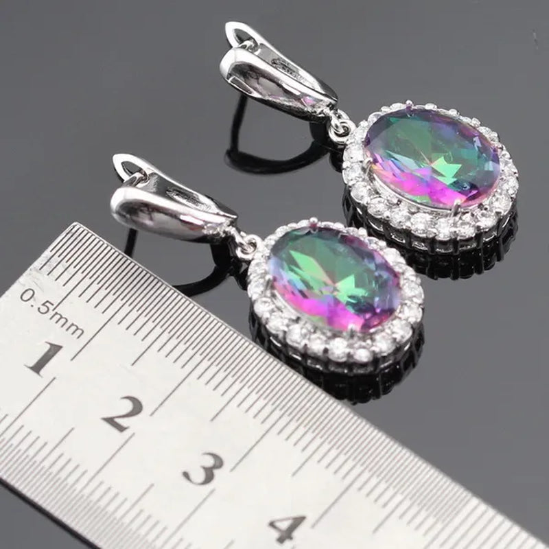 Huge round 925 Sterling Silver Jewelry Sets Multicolor Rainbow Topaz White Topaz Necklace Pendant Drop Earrings Ring for Women Free Gift Box