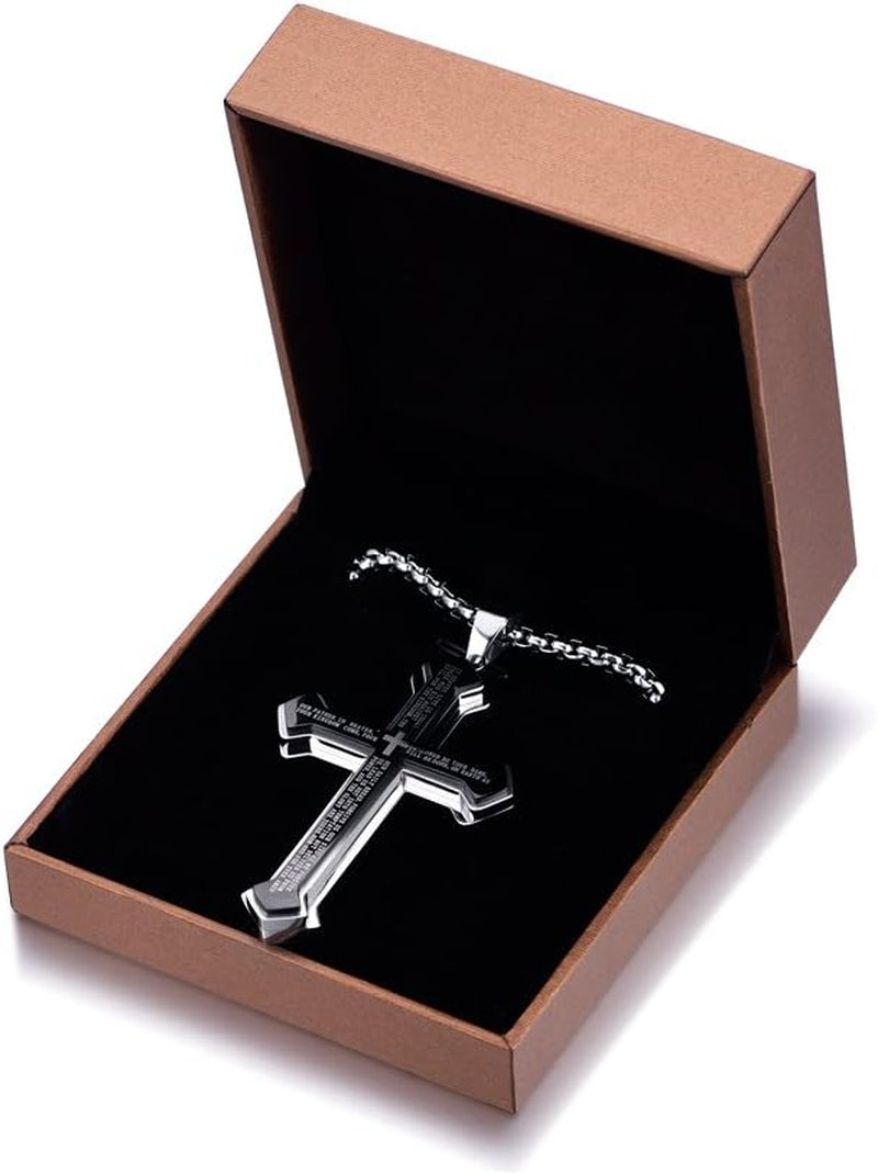 Men'S Stainless Steel Nail Lord'S Prayer Cross Pendant Necklace for Men Women Big Pendant and Strong Chain 24"