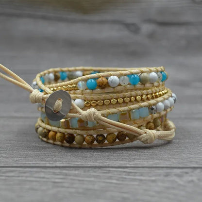 Vintage Boho Handmade Turquoise Charm Natural Stone Beads Bracelets Adjustable Wrap Leather Bracelet Jewelry