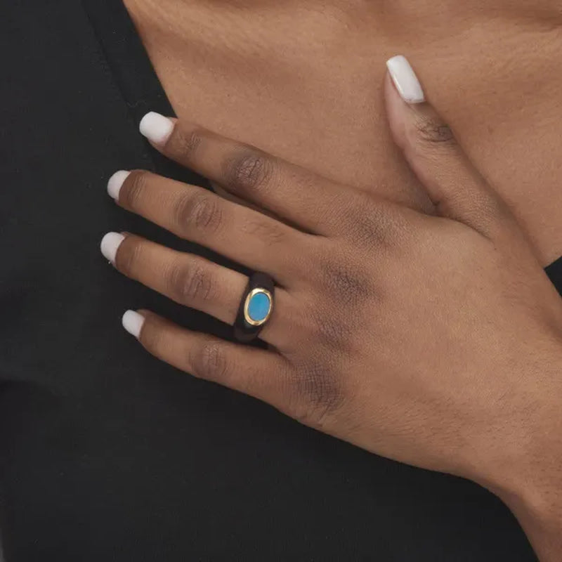 Genuine Blue Opal and Black Jade 10K Yellow Gold Bezel-Set Cabochon Ring