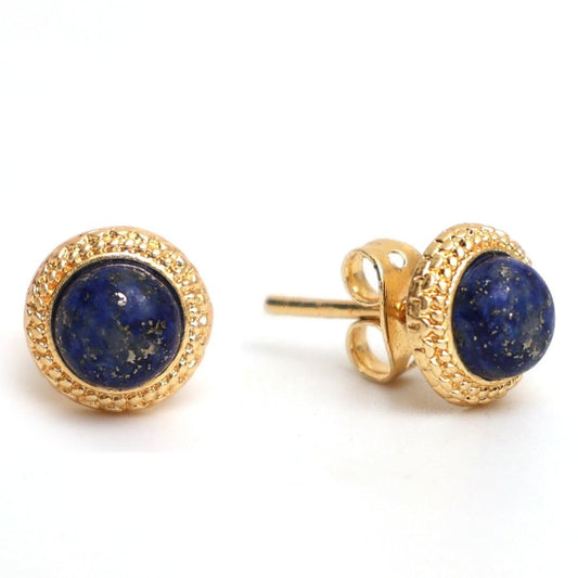 Gempires Lapis Lazuli Stud Earrings, Hypoallergenic round Stud Earrings, Trendy Western Antiqued Style, September Birthstone Jewelry, Party Wear, 14K Gold Plated, Gift for Mom Wife S Daughter
