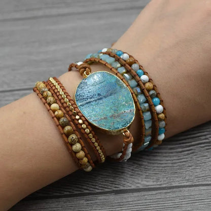 Vintage Boho Handmade Turquoise Charm Natural Stone Beads Bracelets Adjustable Wrap Leather Bracelet Jewelry