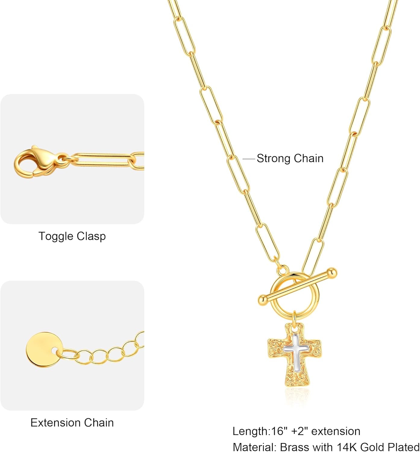 Cross Necklace for Women Trendy -14K Gold Plated Chunky Gold Silver Cross Pendant Necklace Waterproof Non Tarnish Jewelry Christian Gift for Women