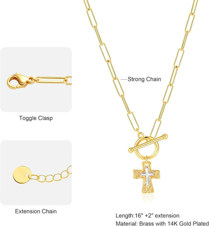 Cross Necklace for Women Trendy -14K Gold Plated Chunky Gold Silver Cross Pendant Necklace Waterproof Non Tarnish Jewelry Christian Gift for Women