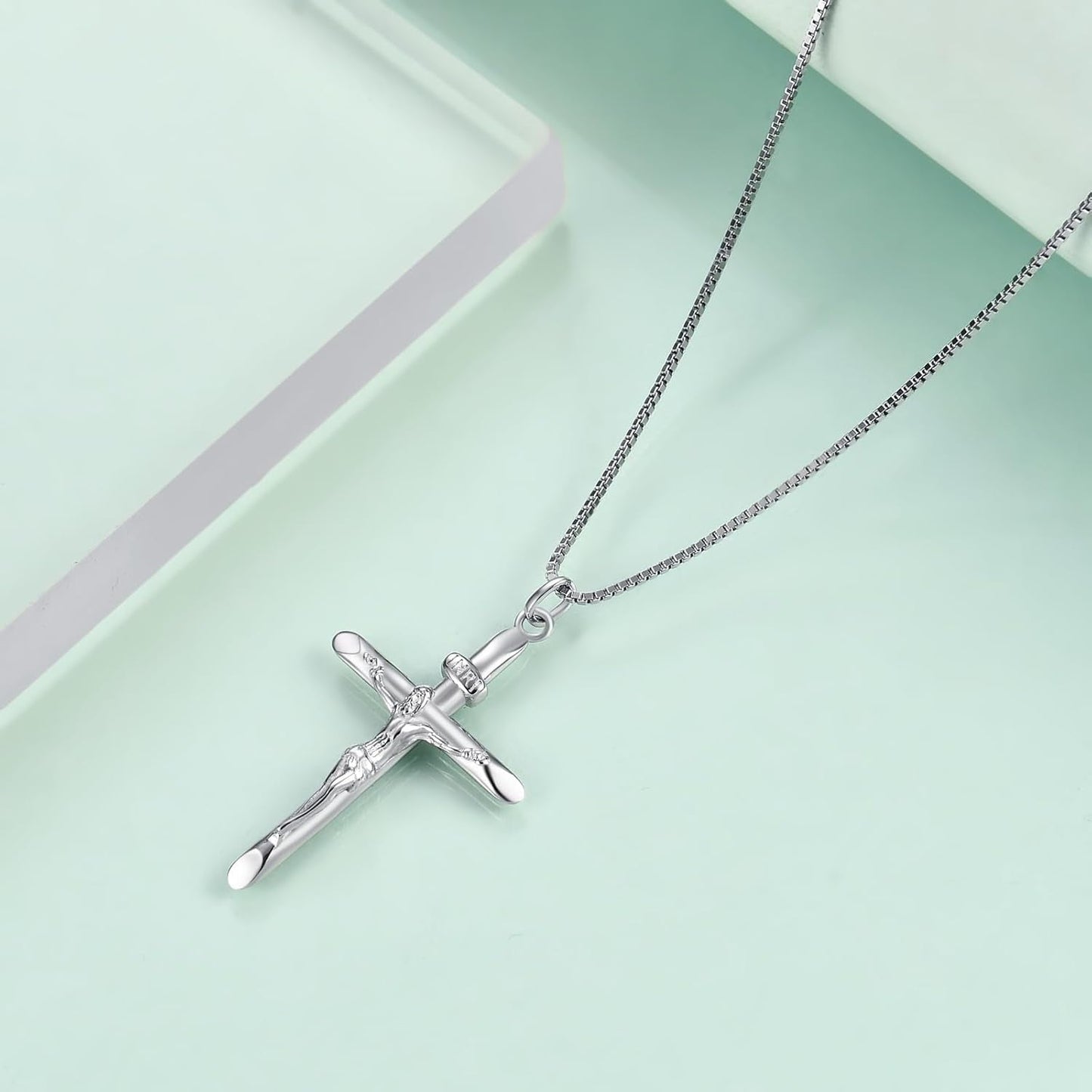 925 Sterling Silver Crucifix Pendant Necklace for Women, Jesus Christ on INRI Cross Necklace