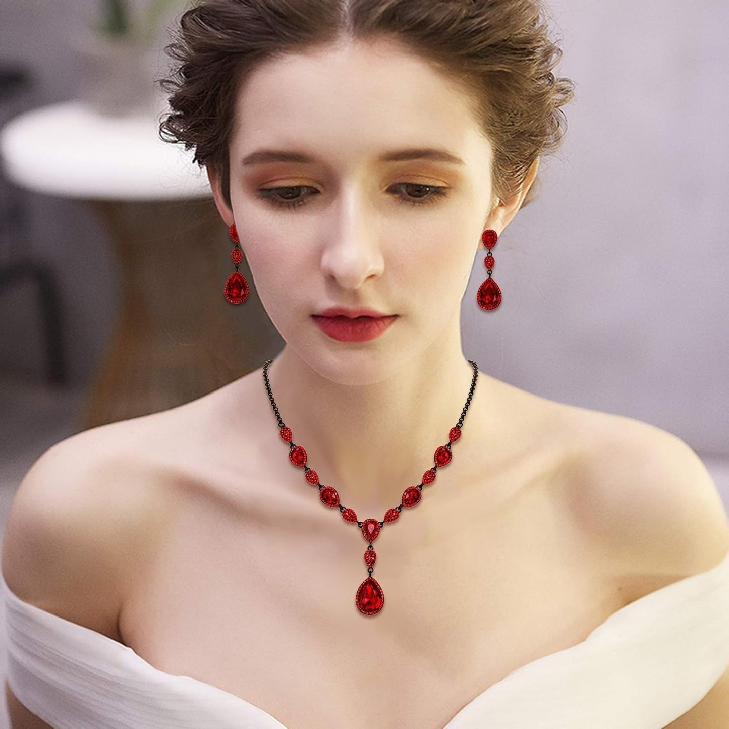 Women'S Cubic Zirconia Teardrop Y-Necklaces Dangle Earrings Jewelry Sets for Brides Bridesmaids