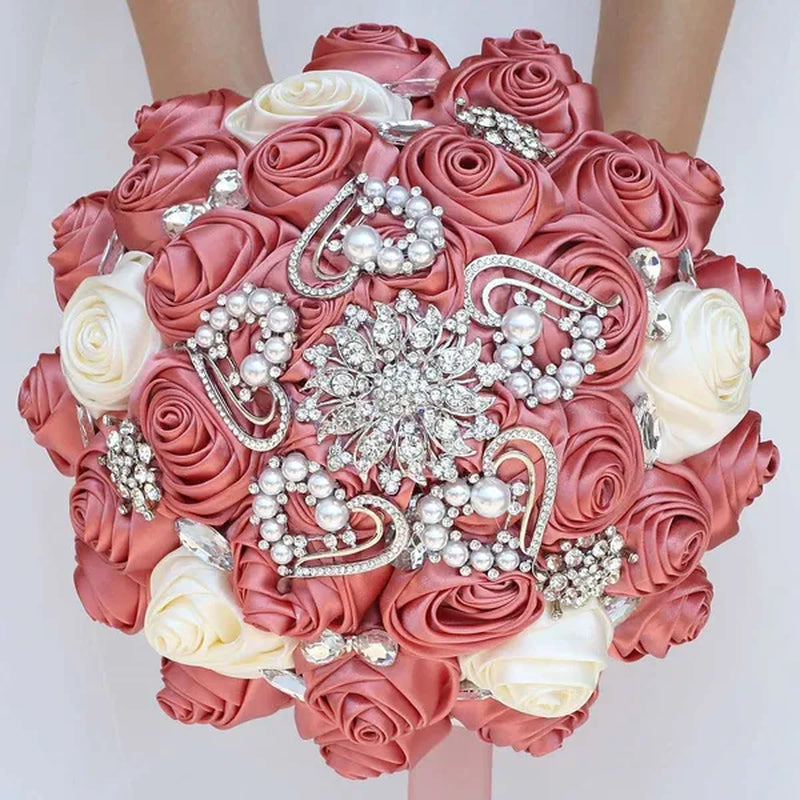 Exquisitely Handmade Ribbon Diamond Bridesmaids Holding Flowers 21CM Pearl Rhinestone Brooch Bridal Bouquet Artificial Silk Rose Wedding Flower Bouquet
