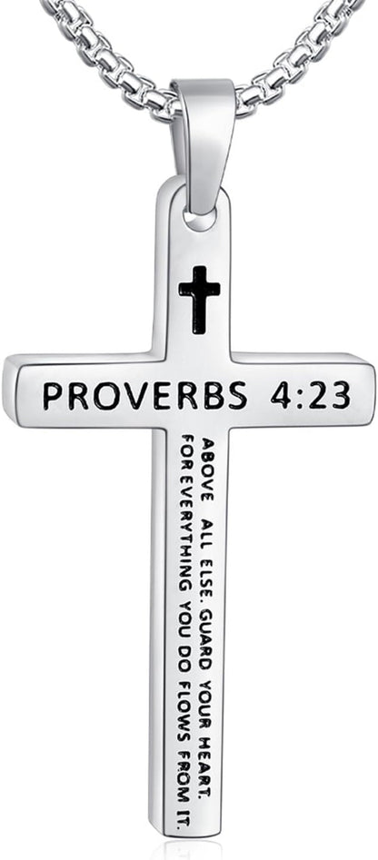 Bible Verse Cross Necklace for Men, Stainless Steel Mens Necklace, Black/Gold/Silver Tone Cross Pendant for Men