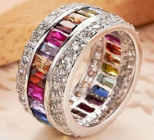 Splendid 925 Sterling Silver Natural Gemstone Multicolor Sapphire Diamond Eternity Stackable Ring Wedding Birthstone Engagement Bridal Women Brand Jewelry - WORLD TIME VISITS