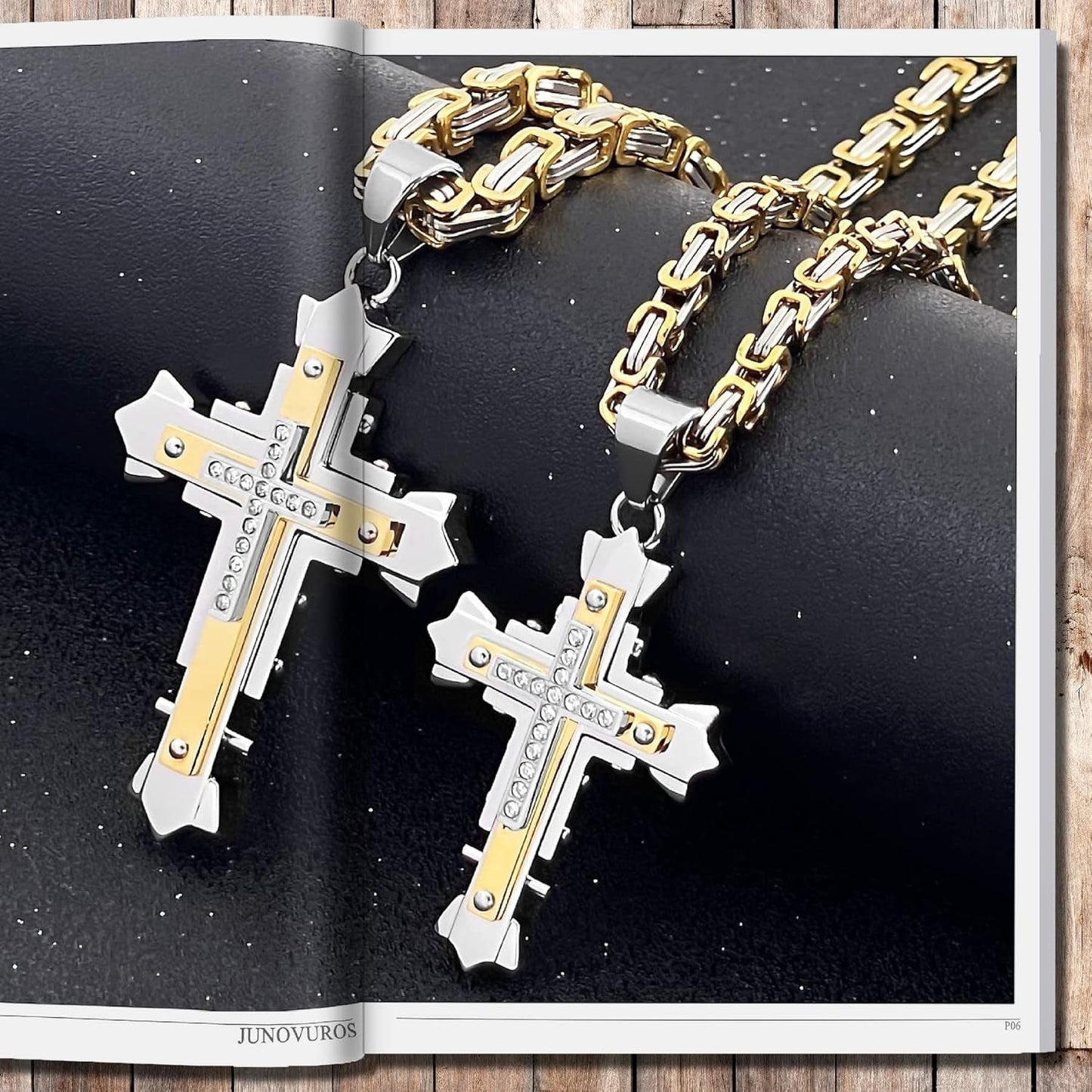 Stainless Steel Jesus Christ Cross Pendant Necklace for Men, 20 to 28 in Rolo/Byzantine Chain, 2 Sizes of Religious Jewelry with Silver/Gold/Black