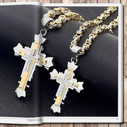 Stainless Steel Jesus Christ Cross Pendant Necklace for Men, 20 to 28 in Rolo/Byzantine Chain, 2 Sizes of Religious Jewelry with Silver/Gold/Black
