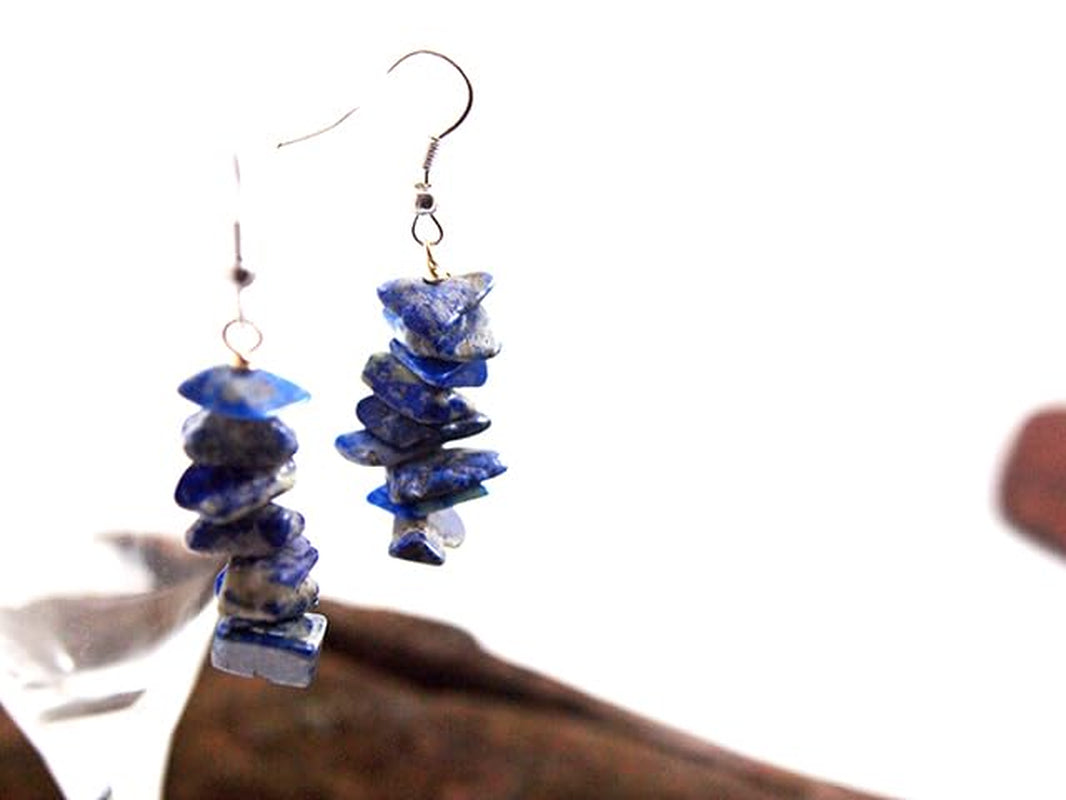 Lapis Lazuli Tumbled Stone Earrings Stacked Small Dangle Raw Crystal Earrings Lightweight Everyday Drop Earrings Blue Stone Dangling Earrings Birthstone Anniversary Gift (Silver + Lapis Lazuli)