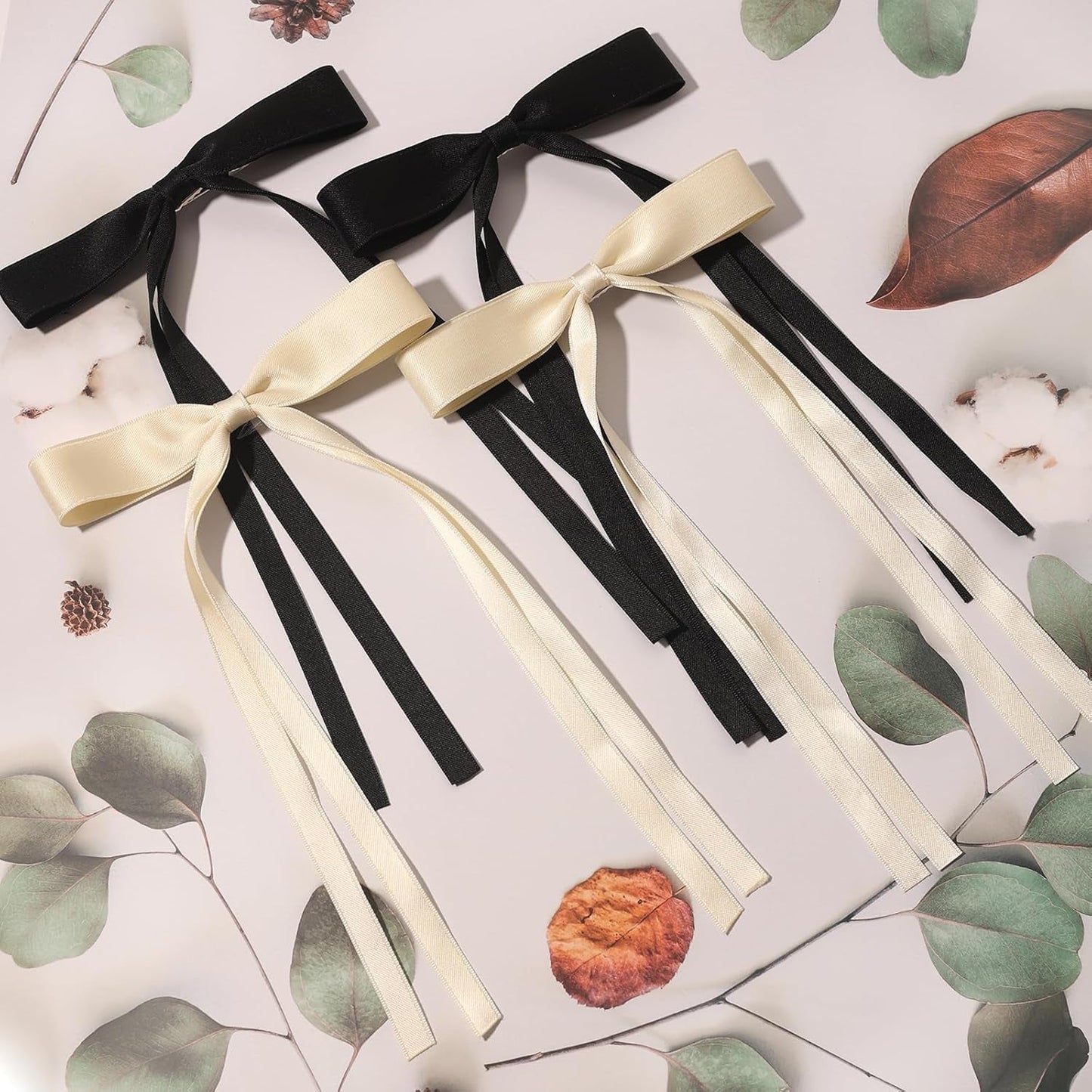 4Pcs Hair Clips for Women Tassel Ribbon Bowknot with Long Tail, Clip Girl, Solid Accessories Barrettes Claw Bow (Black&Beige)