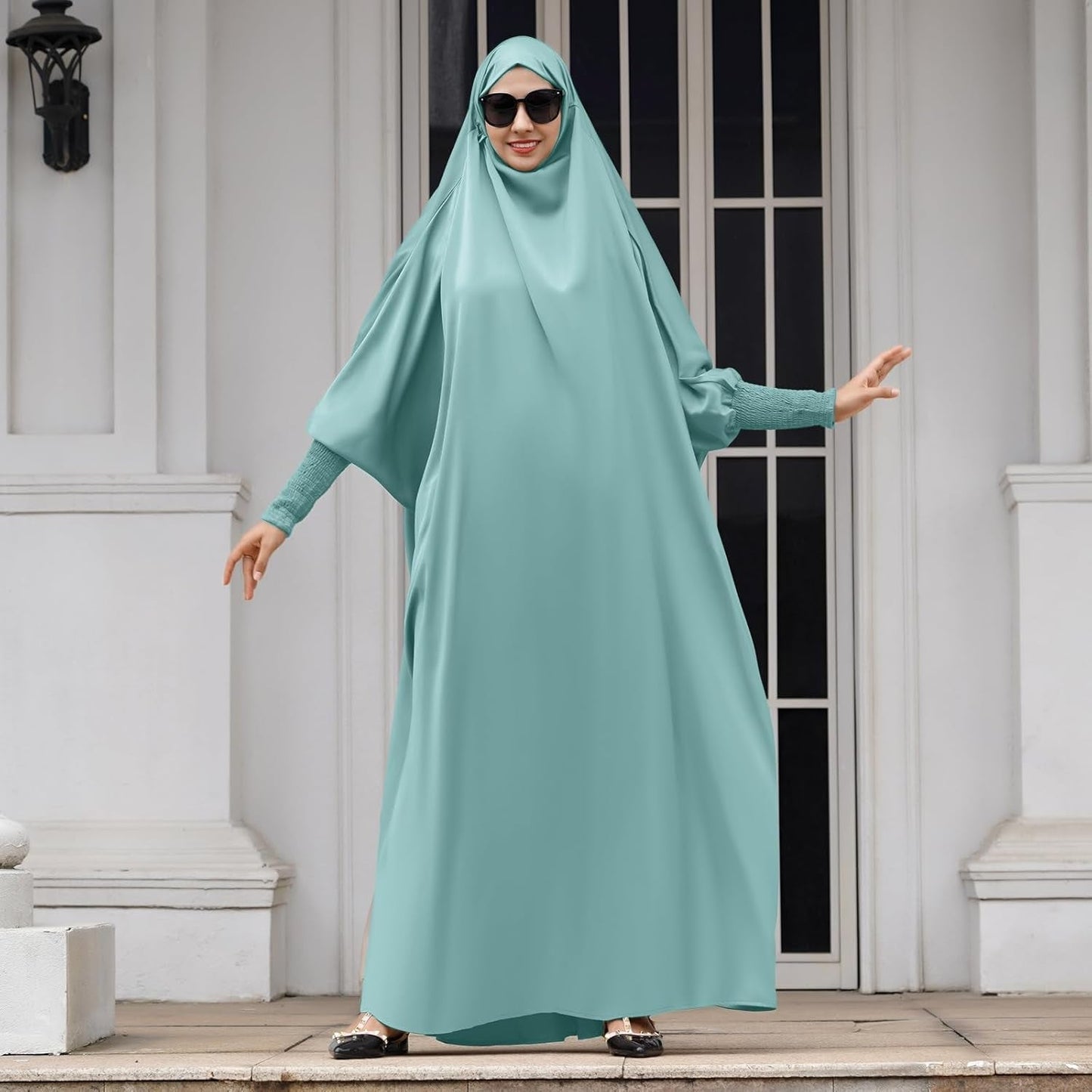 Muslim Abaya for Women One Piece Long Sleeve Islamic Prayer Dress with Hooded Hijab Maxi Kaftan Robe Modest Clothes