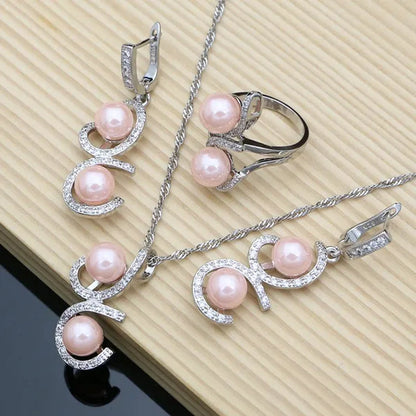 Luxury Silver 925 Jewelry Sets for Women Shiny Pink Pearl Bracelet Topaz Earrings Ring Necklace Sets Gift for Her Dropshipping
