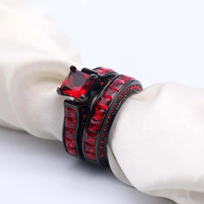 Couple Rings Sz 6-12 Titanium steel Red Wood Mens Wedding Band Ruby Black Gold Filled Womens Wedding Ring Sets - WORLD TIME VISITS