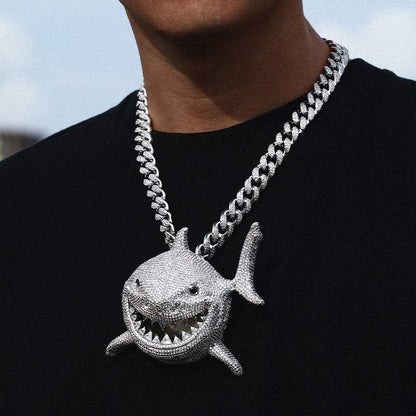 Hip Hop Jewelry 18K Gold Plated 3D Large Shark Pendant Iced Out Premium Zircon Fish Animal Creative Necklace with Free Rope Chain