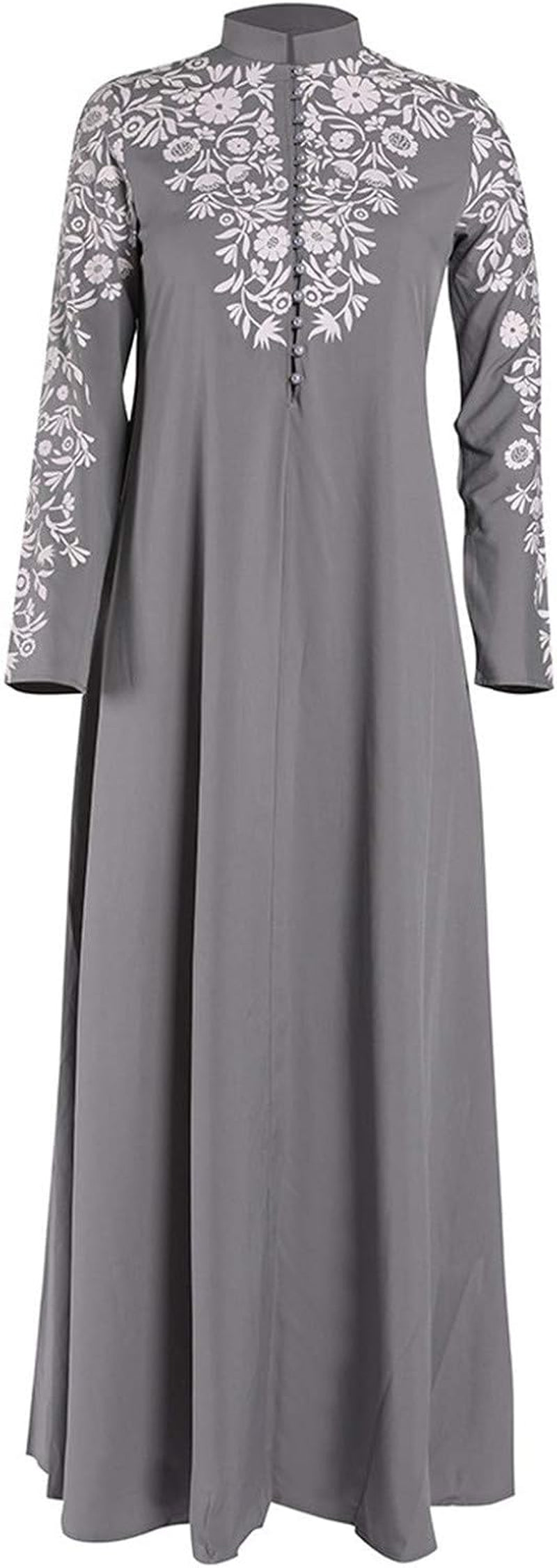 Abayas for Women Muslim Chiffon Prayer Robe Burkas for Women Muslim Dress Vintage Printed Full Length Islamic Abaya Set Long Sleeve Flowy Abaya Dubai Islam Robe African Turkey Caftan Grey XL