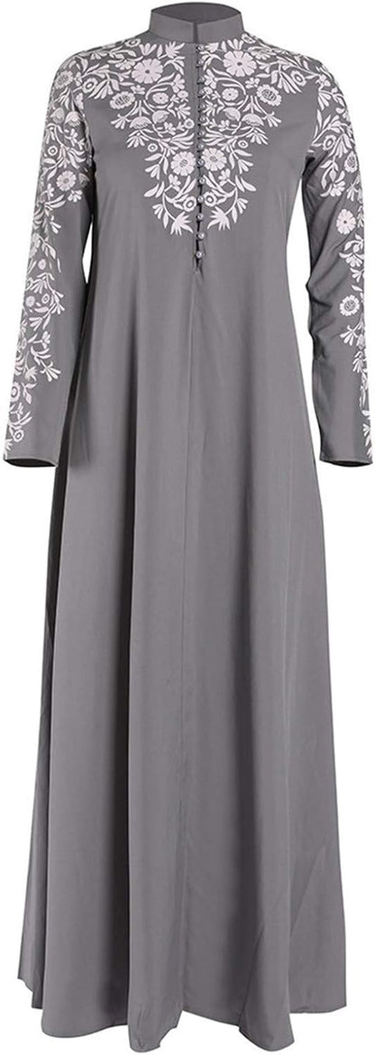 Abayas for Women Muslim Chiffon Prayer Robe Burkas for Women Muslim Dress Vintage Printed Full Length Islamic Abaya Set Long Sleeve Flowy Abaya Dubai Islam Robe African Turkey Caftan Grey XL